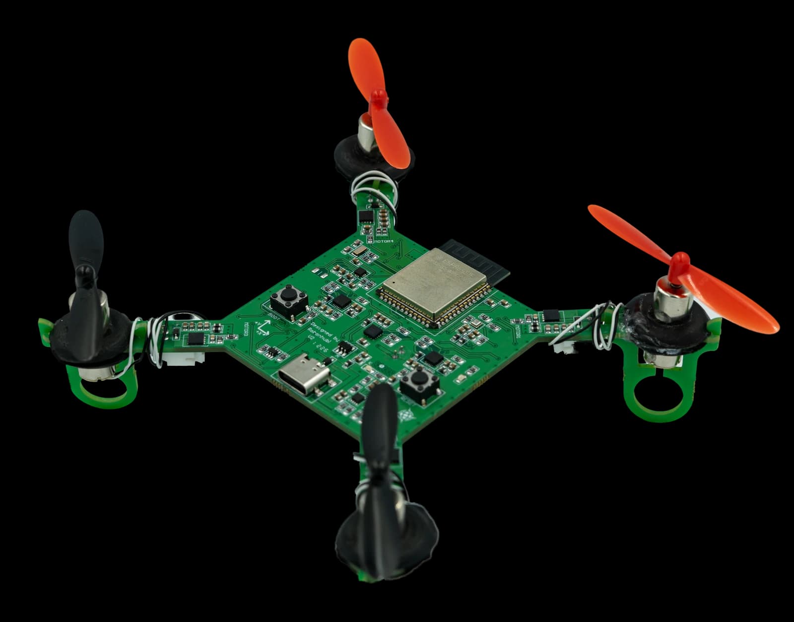 RobonHub drone — exposed electronics board and motors